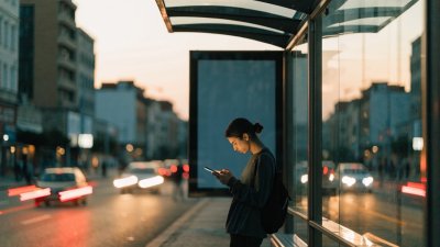 Pessoa em pé num abrigo de ônibus urbano ao anoitecer, olhando a tela do celular